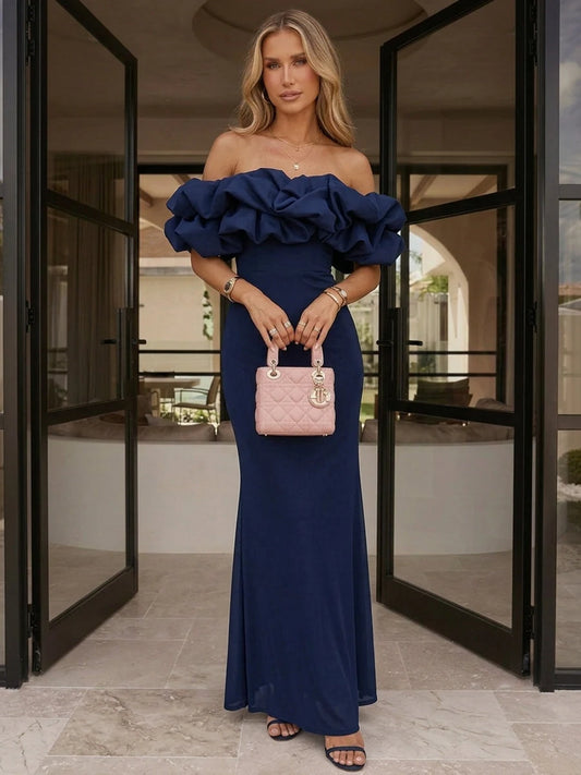 Elegant Sheath Bardot Sleeved Ruffled Navy Floor-Length Prom Dresses Women Gown