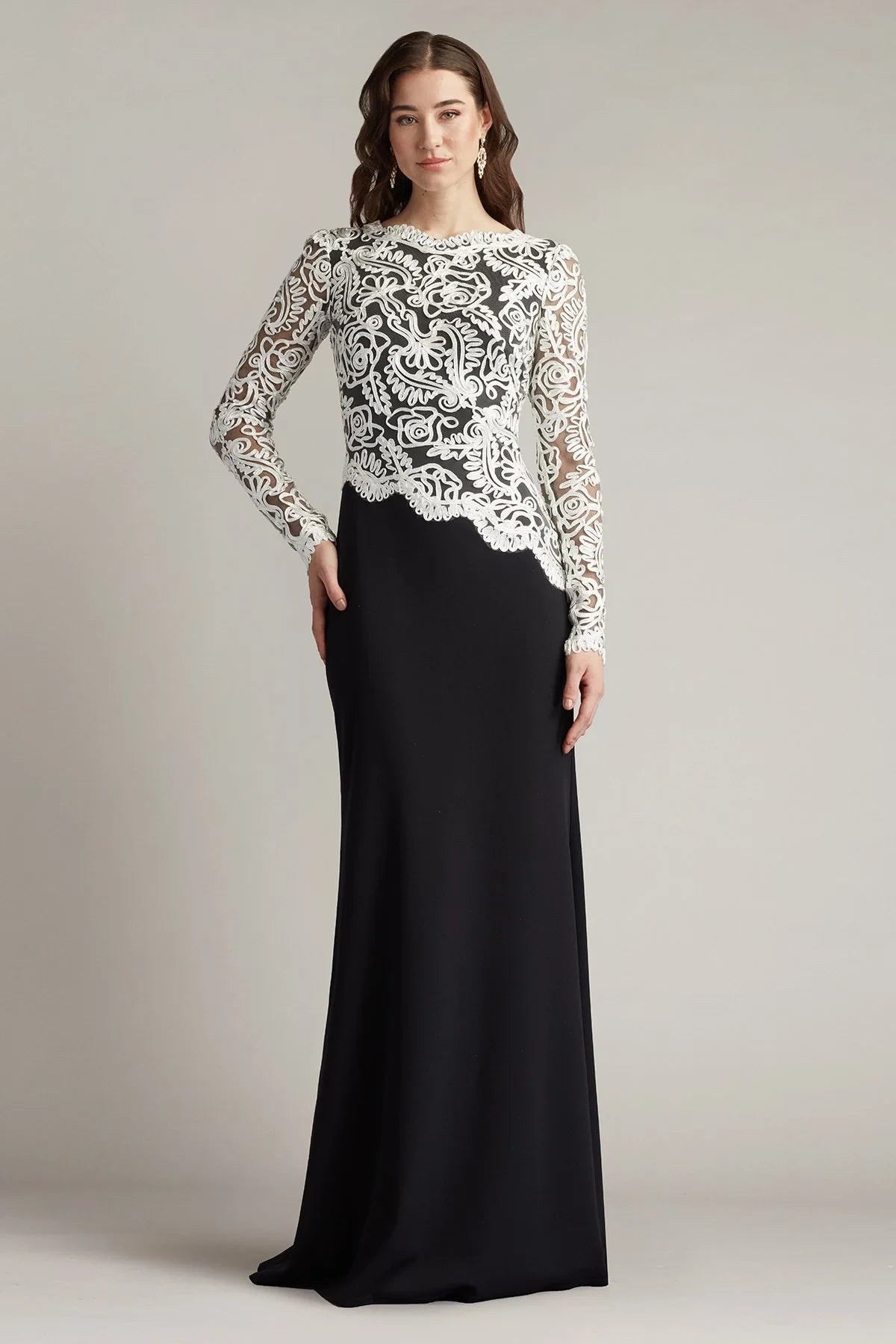 Elegant Sheath Bateau Long-Sleeve Contrast-Embroidered Black Mother Of The Bride Dress