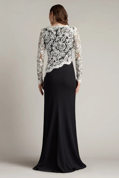 Elegant Sheath Bateau Long-Sleeve Contrast-Embroidered Black Mother Of The Bride Dress