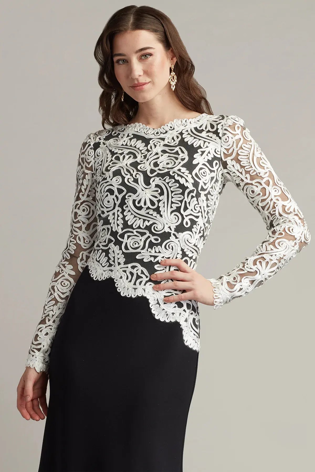 Elegant Sheath Bateau Long-Sleeve Contrast-Embroidered Black Mother Of The Bride Dress