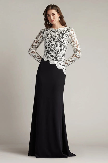 Elegant Sheath Bateau Long-Sleeve Contrast-Embroidered Black Mother Of The Bride Dress