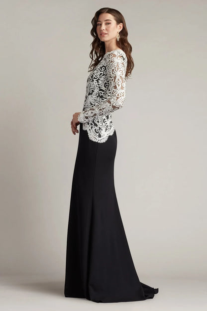 Elegant Sheath Bateau Long-Sleeve Contrast-Embroidered Black Mother Of The Bride Dress