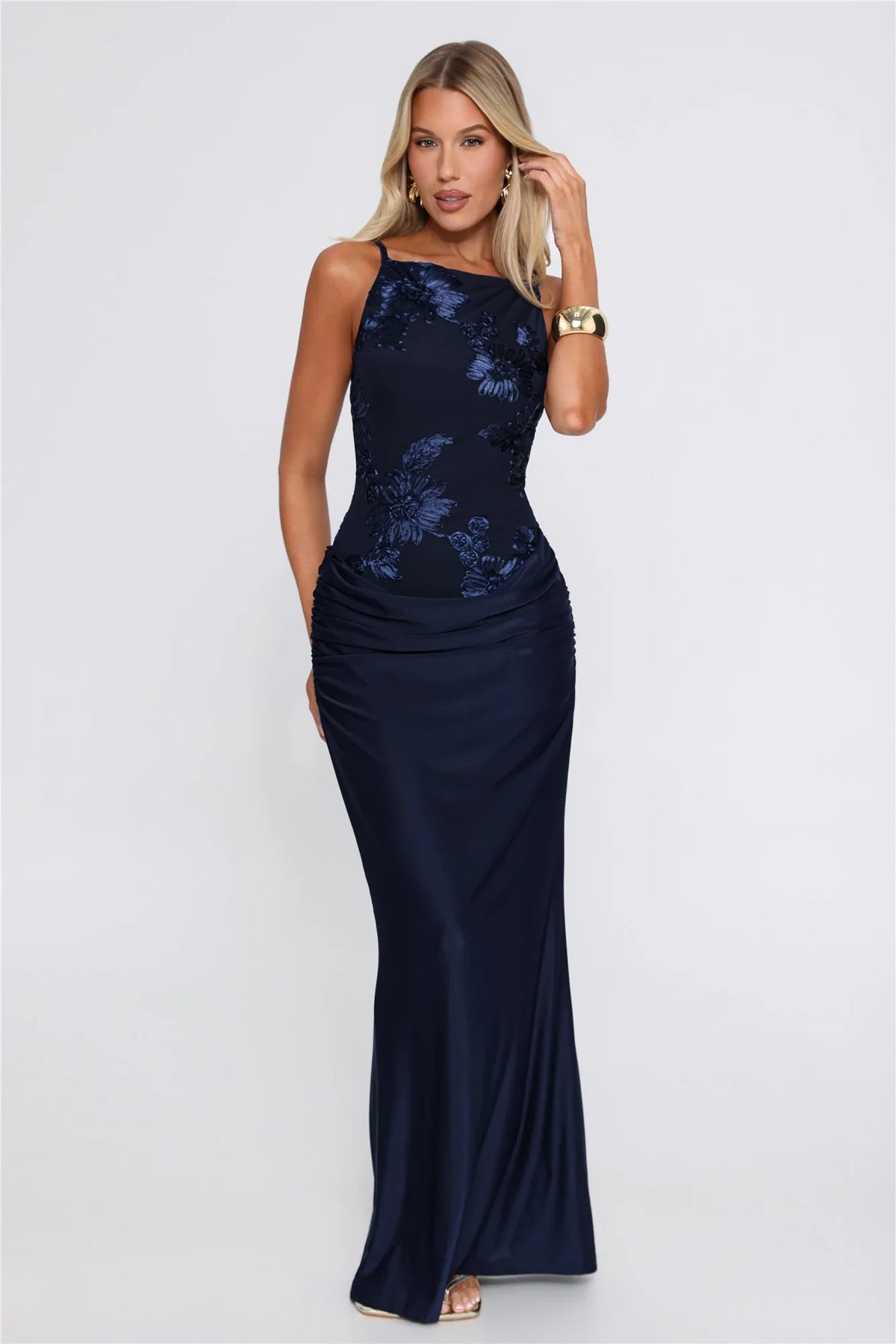 Elegant Sheath Bateau Sleeveless Floral Draped Navy Long Evening Dresses Gown