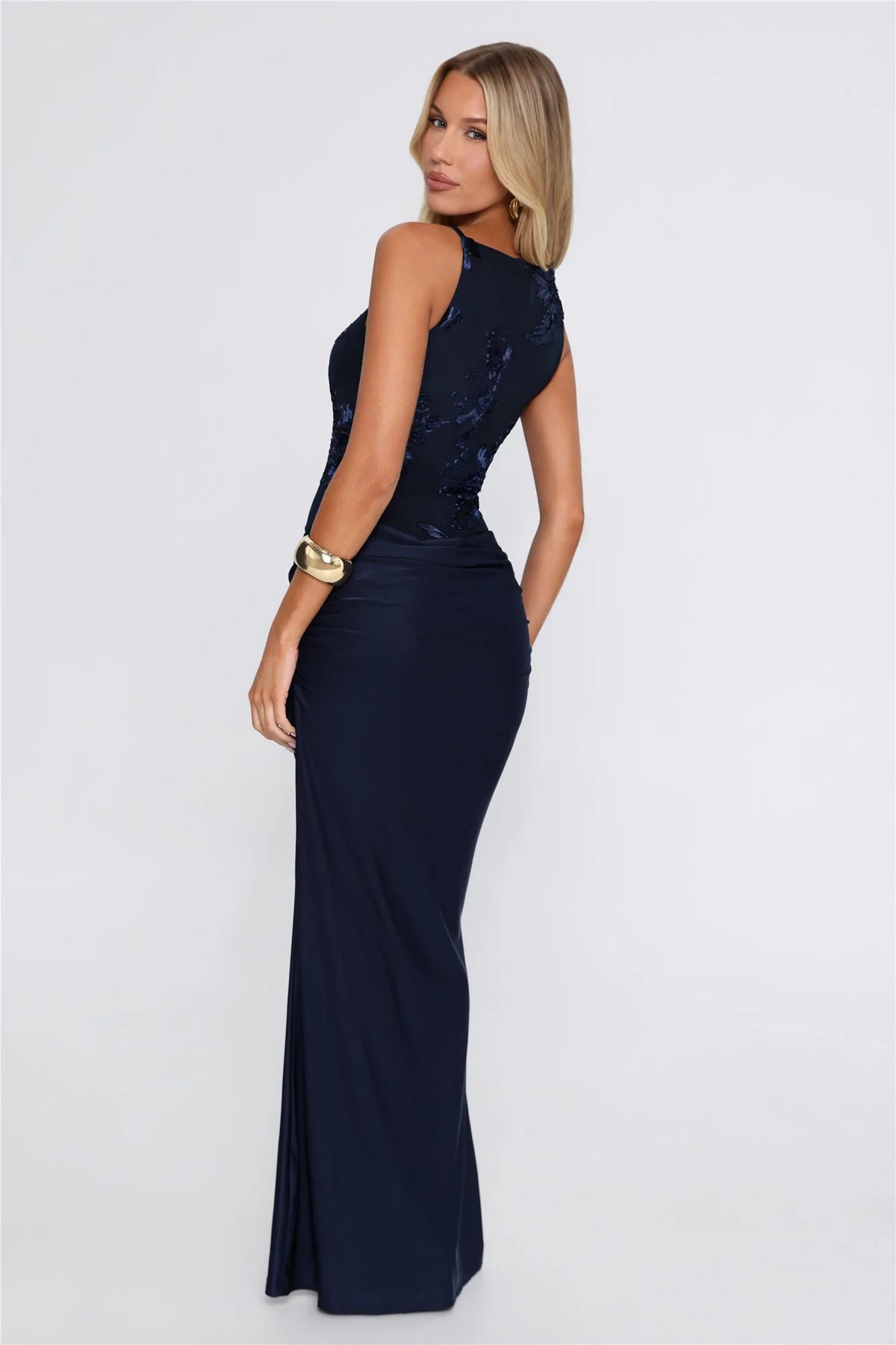 Elegant Sheath Bateau Sleeveless Floral Draped Navy Long Evening Dresses Gown