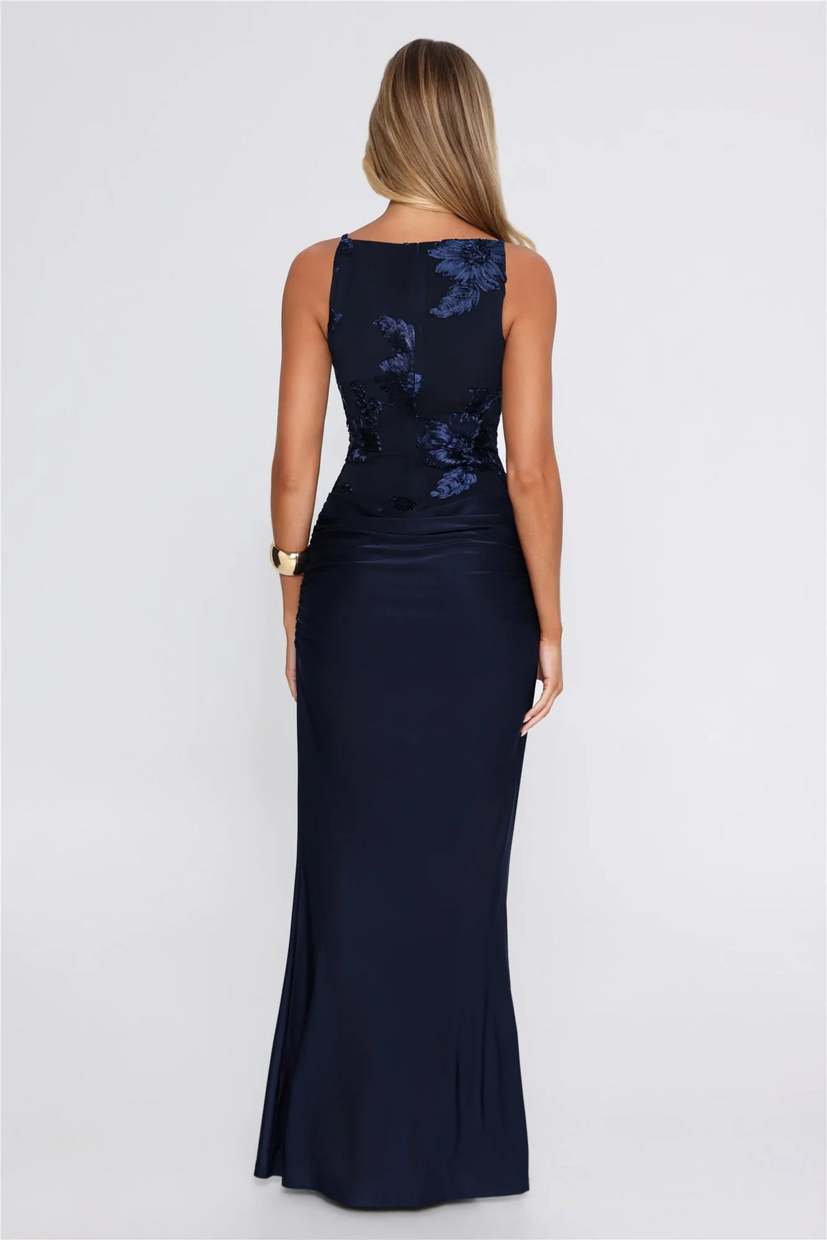 Elegant Sheath Bateau Sleeveless Floral Draped Navy Long Evening Dresses Gown