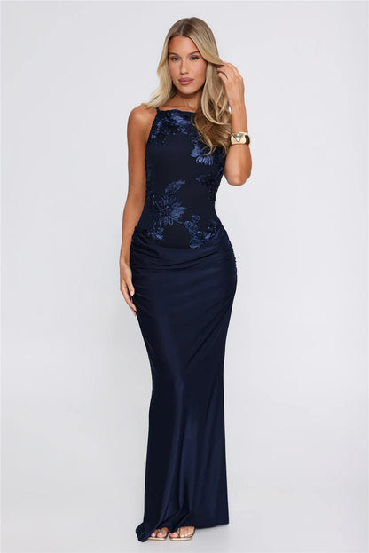 Elegant Sheath Bateau Sleeveless Floral Draped Navy Long Evening Dresses Gown