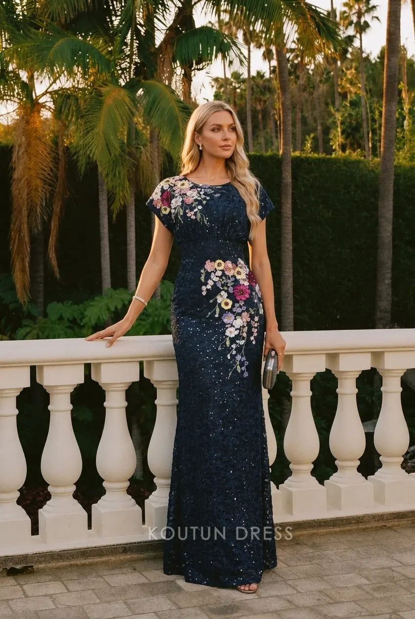 Elegant Sheath Boat Neck Cap Sleeve Floral Sequin Navy Blue Floor-Length Prom Gown