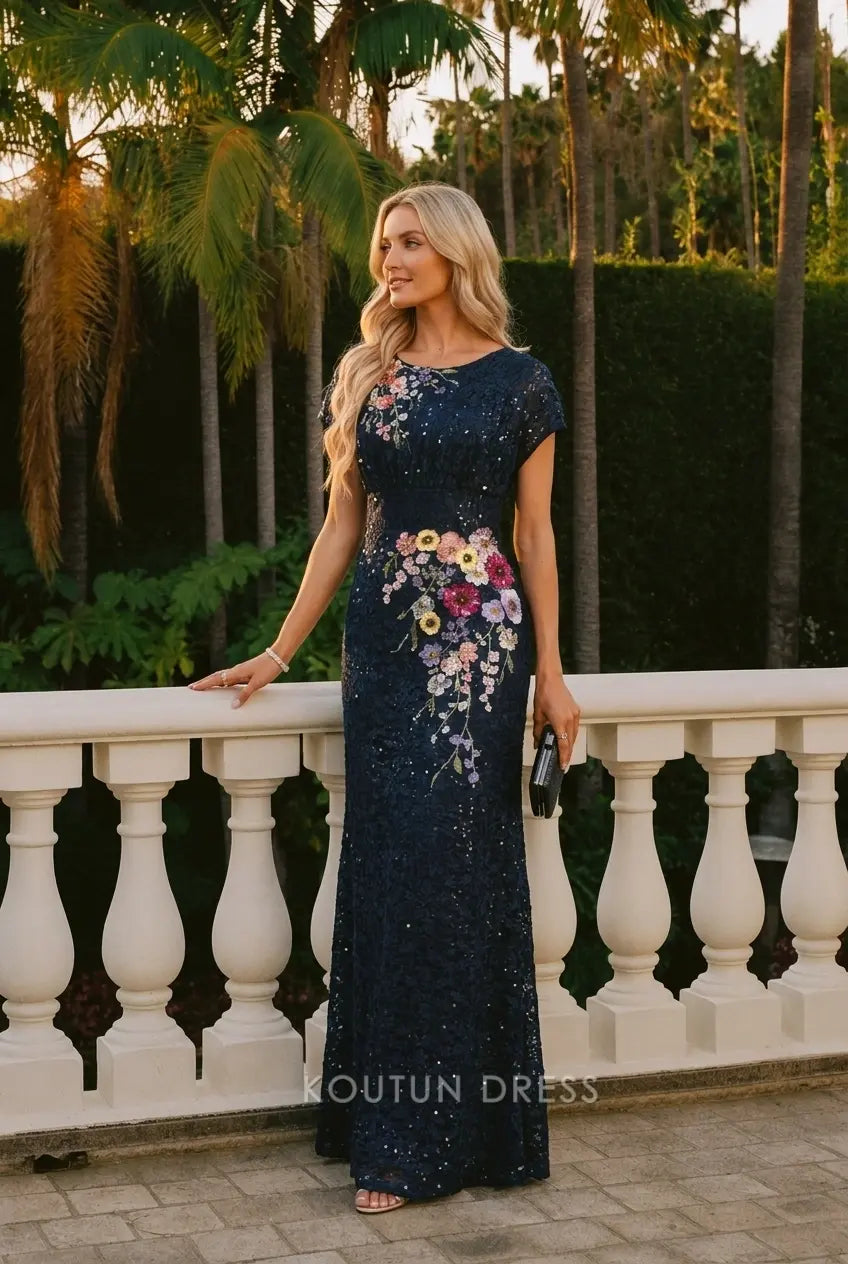 Elegant Sheath Boat Neck Cap Sleeve Floral Sequin Navy Blue Floor-Length Prom Gown