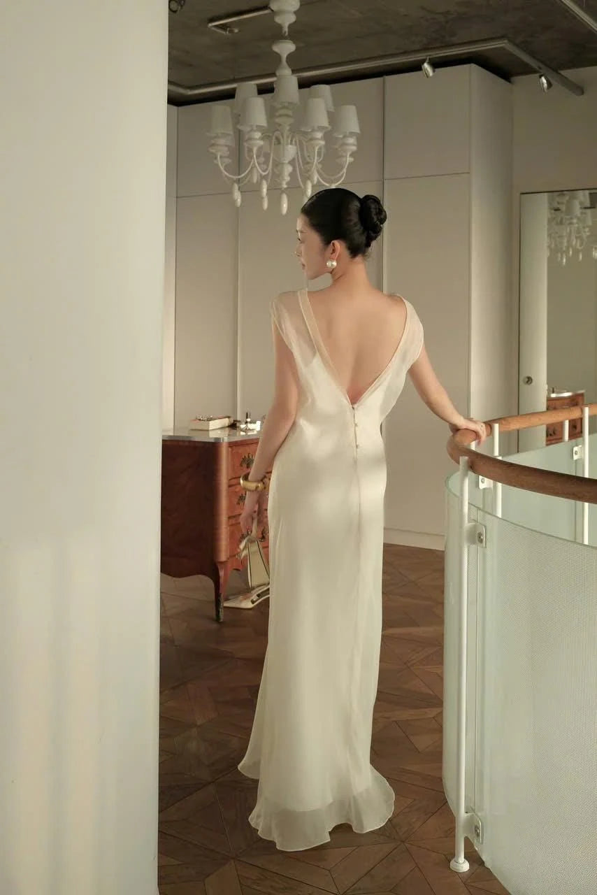 Elegant Sheath Boat Neck Cap Sleeves Sheer Overlay Ivory Floor-Length Prom Dress