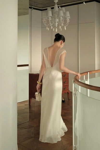 Elegant Sheath Boat Neck Cap Sleeves Sheer Overlay Ivory Floor-Length Prom Dress