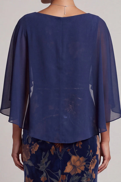 Elegant Sheath Boat Neck Cape Sleeve Draped Floral Navy Blue Floor Length Prom Dress