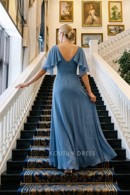 Elegant Sheath Boat Neck Flutter Sleeve Floral Ruched Dusty Blue Floor-Length Prom Dresses