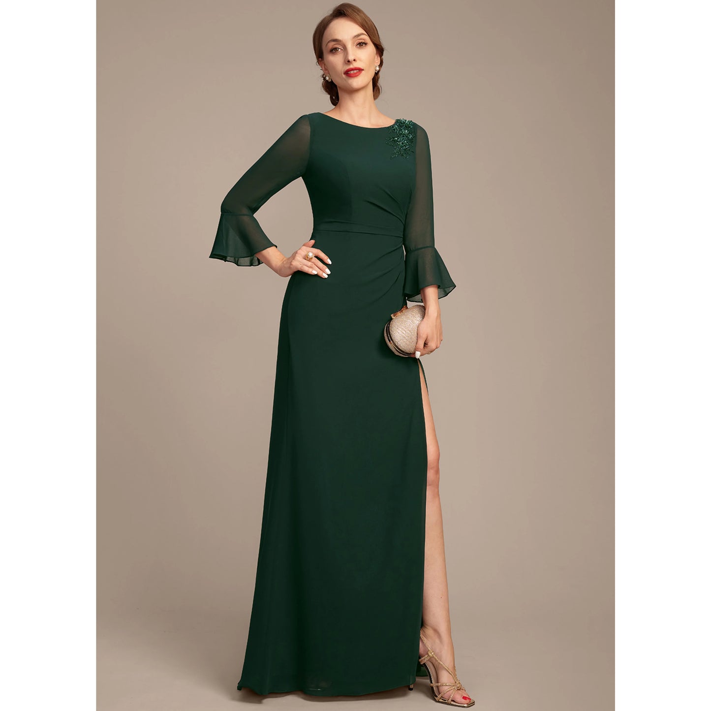 Elegant Sheath Boat Neck Long Sleeve Slit Dark Green Mother of the Bride Gown