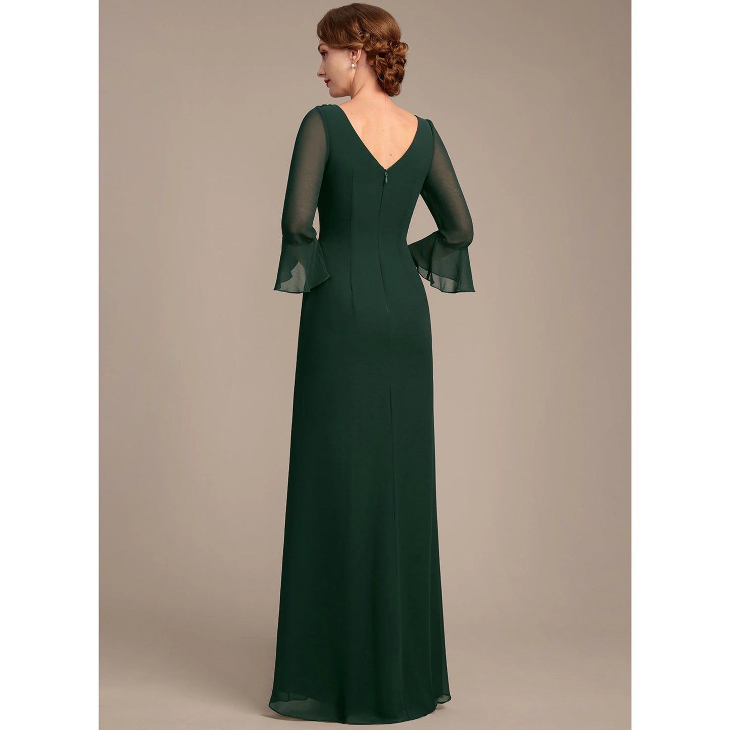 Elegant Sheath Boat Neck Long Sleeve Slit Dark Green Mother of the Bride Gown