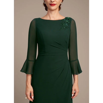 Elegant Sheath Boat Neck Long Sleeve Slit Dark Green Mother of the Bride Gown