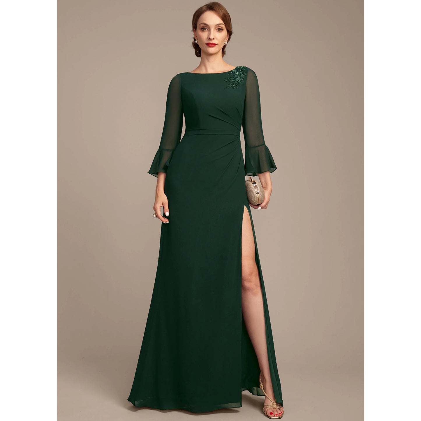 Elegant Sheath Boat Neck Long Sleeve Slit Dark Green Mother of the Bride Gown
