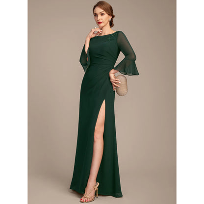 Elegant Sheath Boat Neck Long Sleeve Slit Dark Green Mother of the Bride Gown