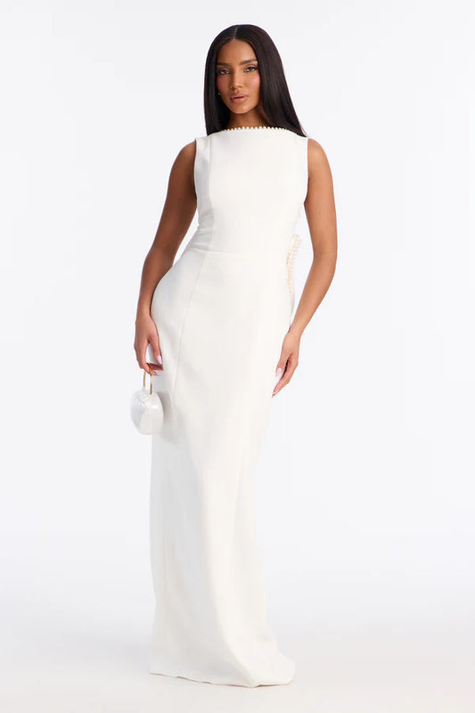 Elegant Sheath Boat Neck Sleeveless Pearl Trim Ivory Prom Gown