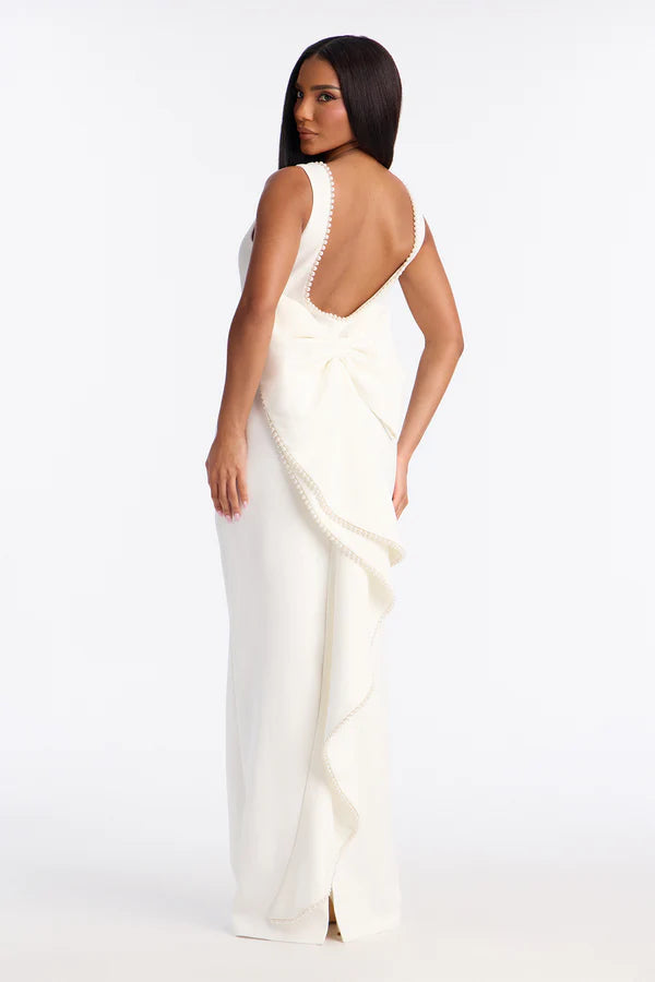 Elegant Sheath Boat Neck Sleeveless Pearl Trim Ivory Prom Gown