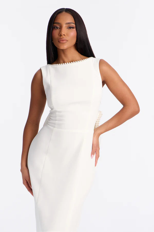 Elegant Sheath Boat Neck Sleeveless Pearl Trim Ivory Prom Gown