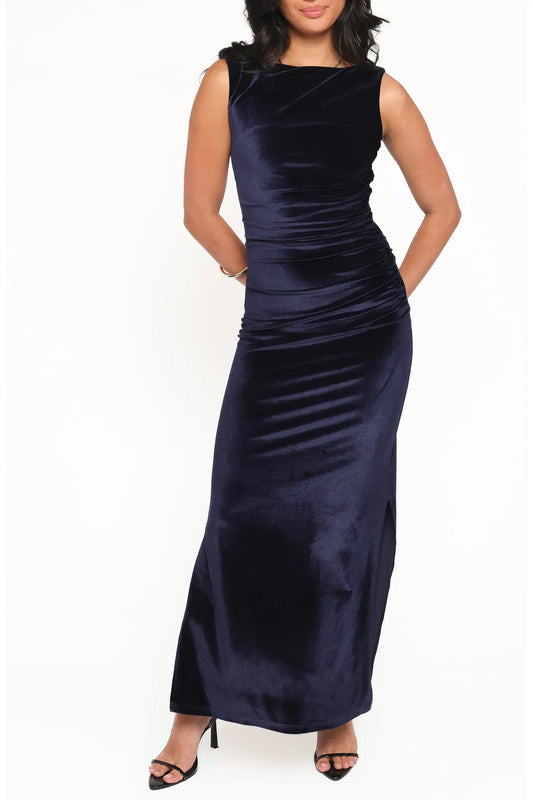 Elegant Sheath Boat Neck Sleeveless Ruched Navy Floor-Length Mother of the Bride Gown