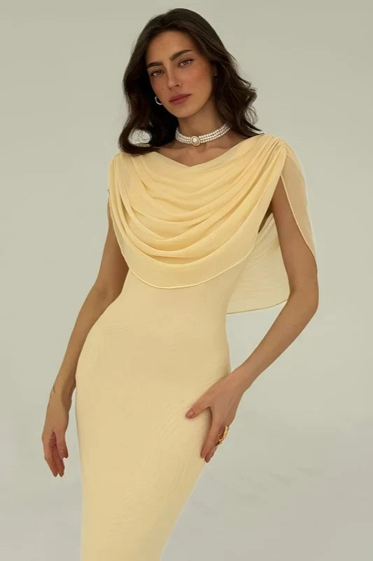 Elegant Sheath Cowl Neck Draped Backless Pale Yellow Maxi Prom Gown