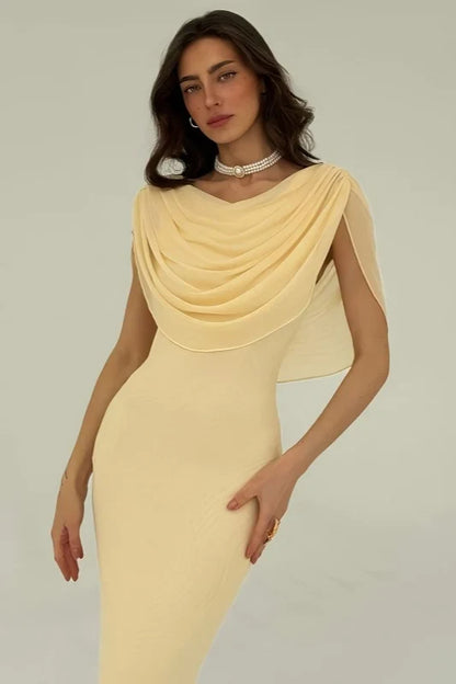 Elegant Sheath Cowl Neck Draped Backless Pale Yellow Maxi Prom Gown