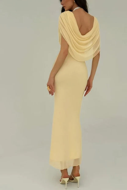 Elegant Sheath Cowl Neck Draped Backless Pale Yellow Maxi Prom Gown