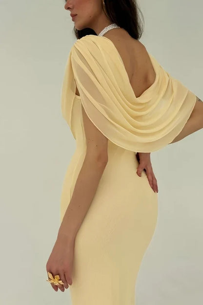 Elegant Sheath Cowl Neck Draped Backless Pale Yellow Maxi Prom Gown