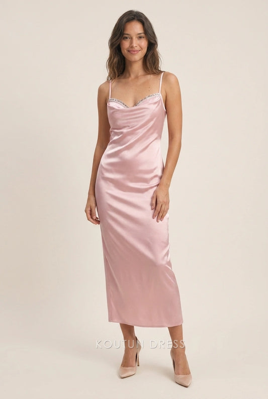 Elegant Sheath Cowl Neck Glamorous Sophisticated Blush Midi Prom Dresses