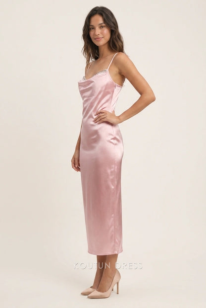 Elegant Sheath Cowl Neck Glamorous Sophisticated Blush Midi Prom Dresses