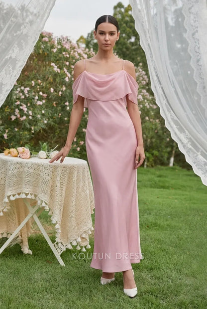 Elegant Sheath Cowl Neck Off-Shoulder Ruffled Pink Floor-Length Prom Dresses Women's Gown