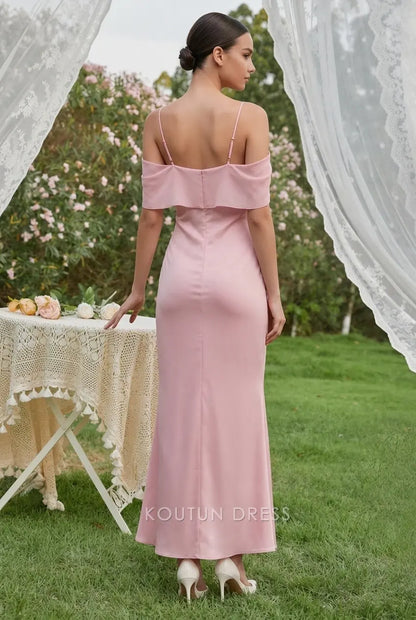 Elegant Sheath Cowl Neck Off-Shoulder Ruffled Pink Floor-Length Prom Dresses Women's Gown