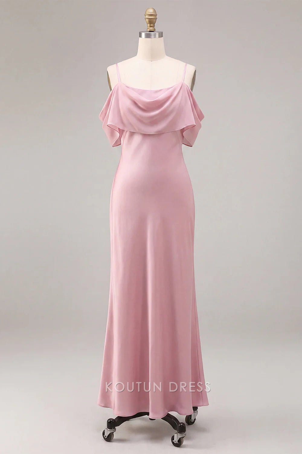 Elegant Sheath Cowl Neck Off-Shoulder Ruffled Pink Floor-Length Prom Dresses Women's Gown