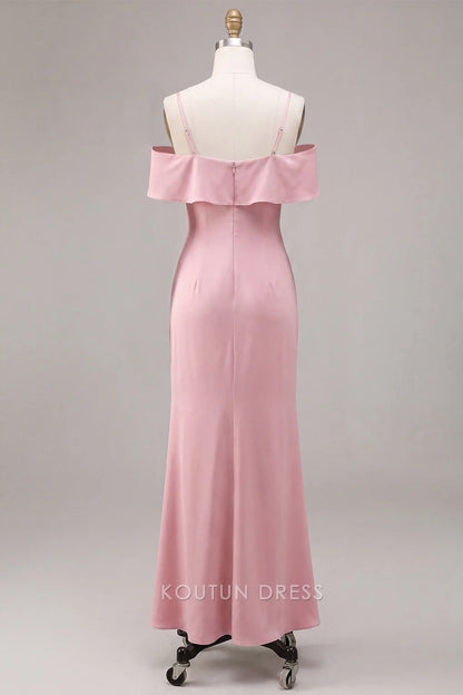 Elegant Sheath Cowl Neck Off-Shoulder Ruffled Pink Floor-Length Prom Dresses Women's Gown