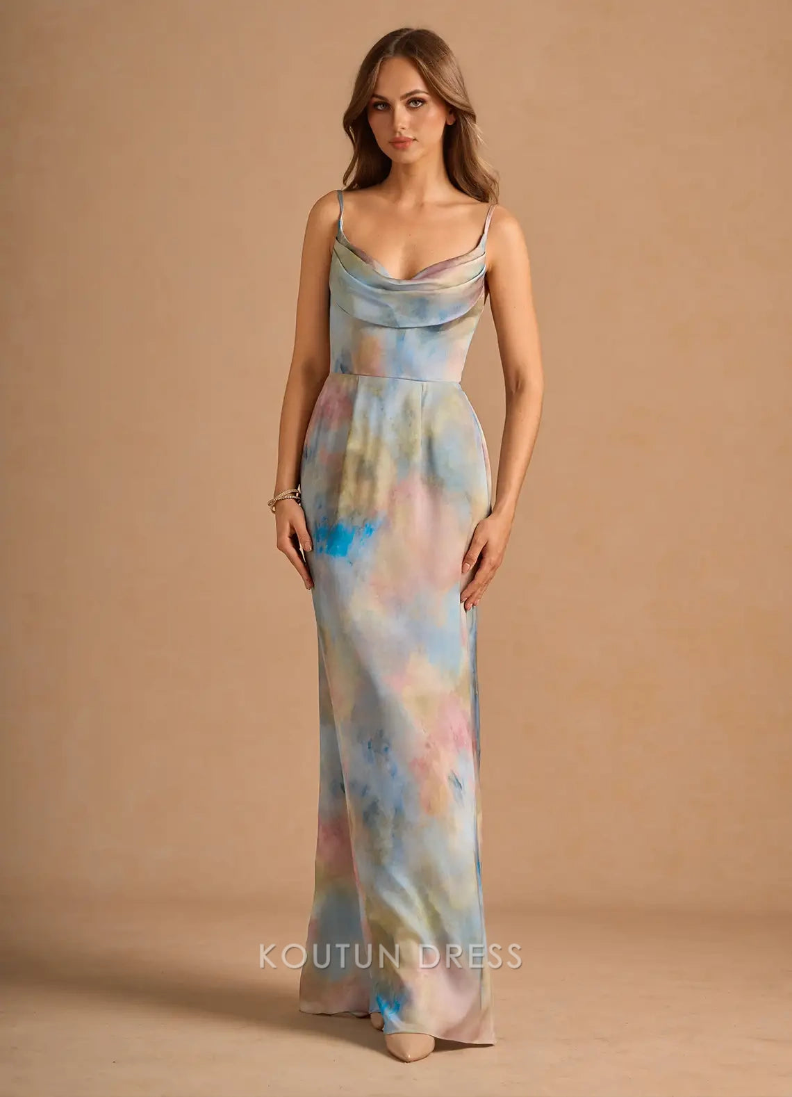 Elegant Sheath Cowl Neck Sleeveless Abstract Print Multi-color Floor-Length Prom Dresses
