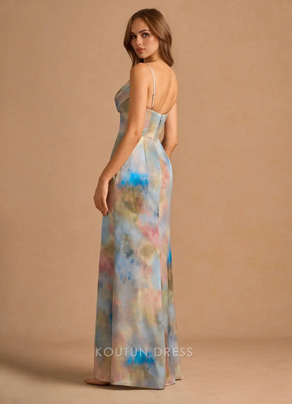 Elegant Sheath Cowl Neck Sleeveless Abstract Print Multi-color Floor-Length Prom Dresses