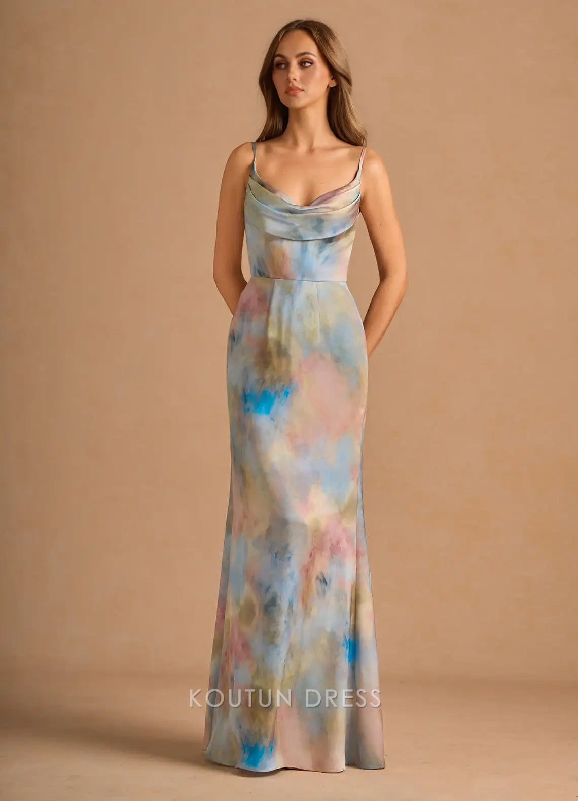 Elegant Sheath Cowl Neck Sleeveless Abstract Print Multi-color Floor-Length Prom Dresses