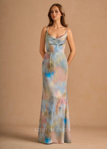Elegant Sheath Cowl Neck Sleeveless Abstract Print Multi-color Floor-Length Prom Dresses