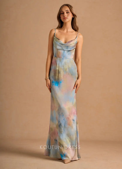 Elegant Sheath Cowl Neck Sleeveless Abstract Print Multi-color Floor-Length Prom Dresses