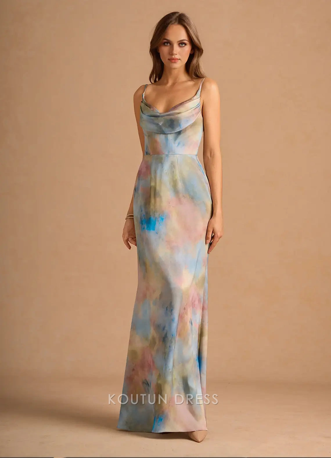 Elegant Sheath Cowl Neck Sleeveless Abstract Print Multi-color Floor-Length Prom Dresses