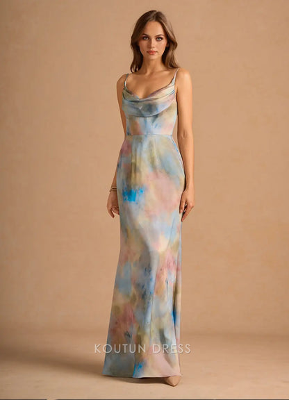 Elegant Sheath Cowl Neck Sleeveless Abstract Print Multi-color Floor-Length Prom Dresses