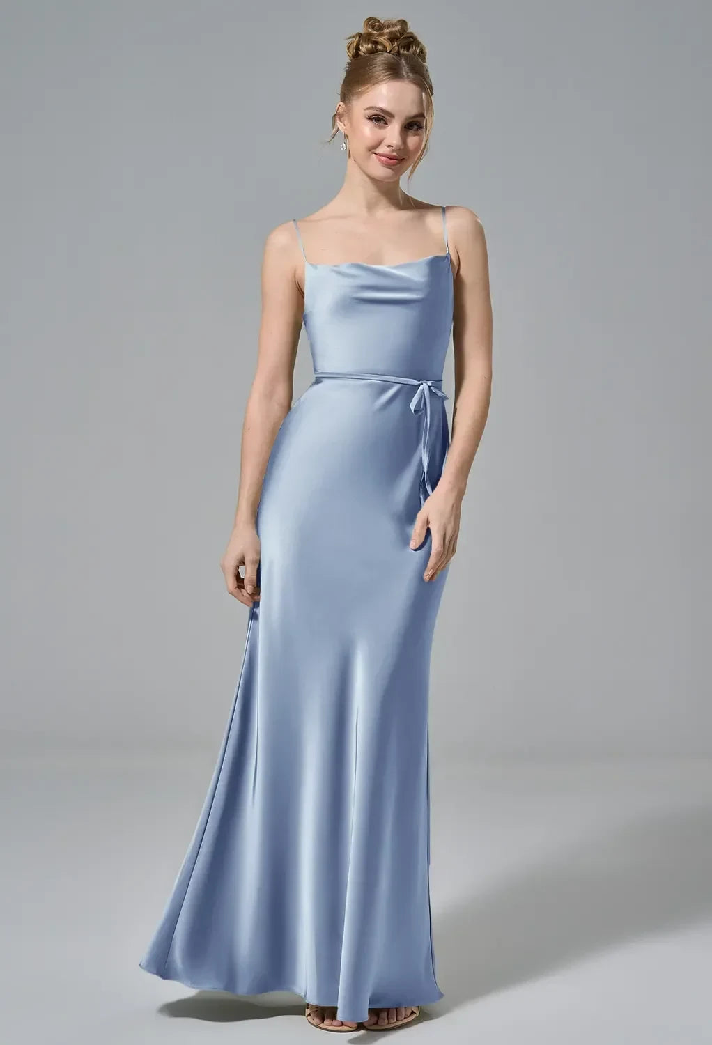 Elegant Sheath Cowl Neck Sleeveless Backless Blue Long Bridesmaid Dress Women