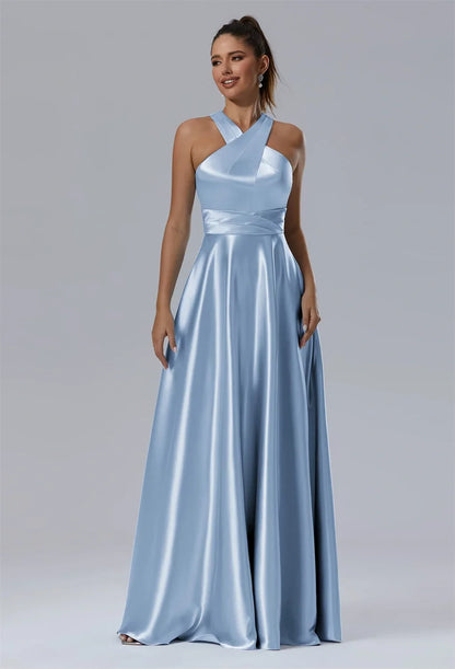 Elegant Sheath Cowl Neck Sleeveless Backless Blue Long Bridesmaid Dress Women