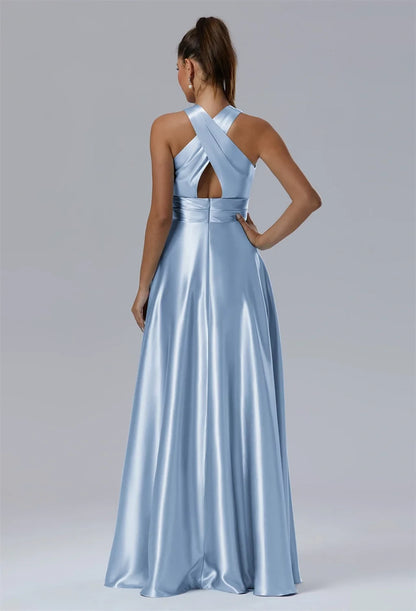 Elegant Sheath Cowl Neck Sleeveless Backless Blue Long Bridesmaid Dress Women