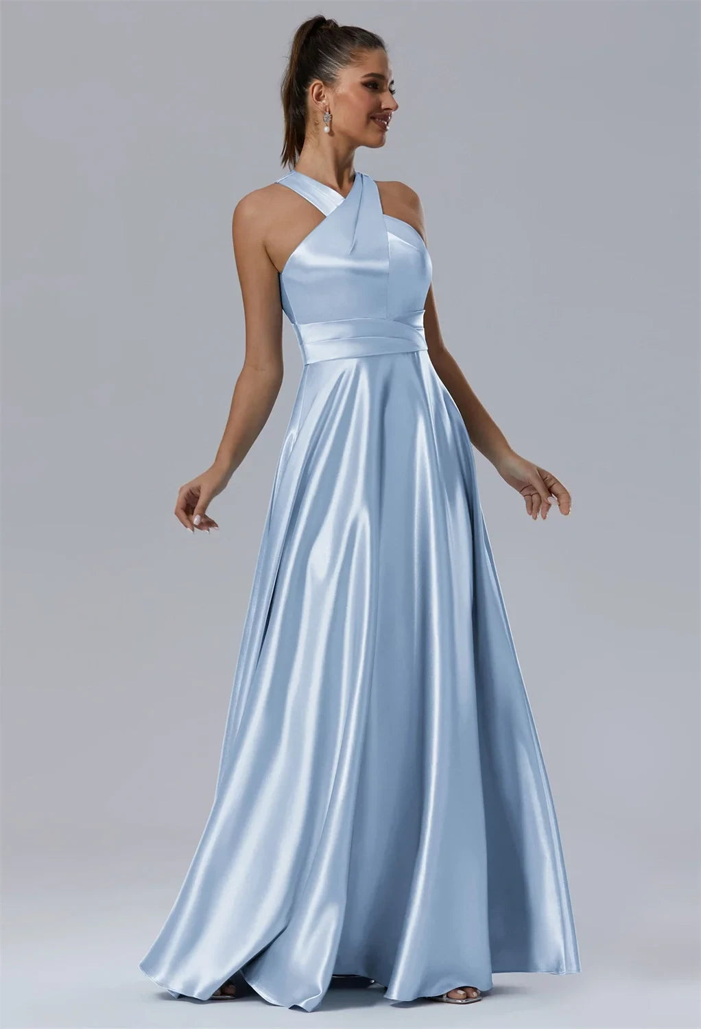 Elegant Sheath Cowl Neck Sleeveless Backless Blue Long Bridesmaid Dress Women