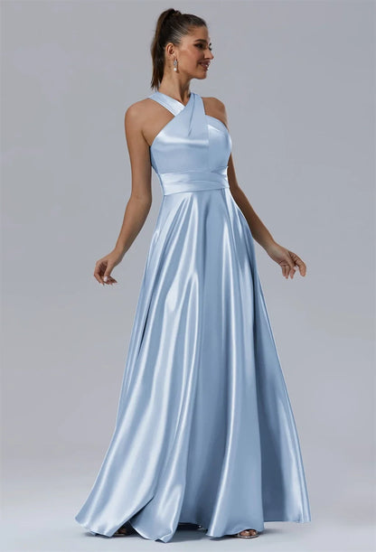 Elegant Sheath Cowl Neck Sleeveless Backless Blue Long Bridesmaid Dress Women
