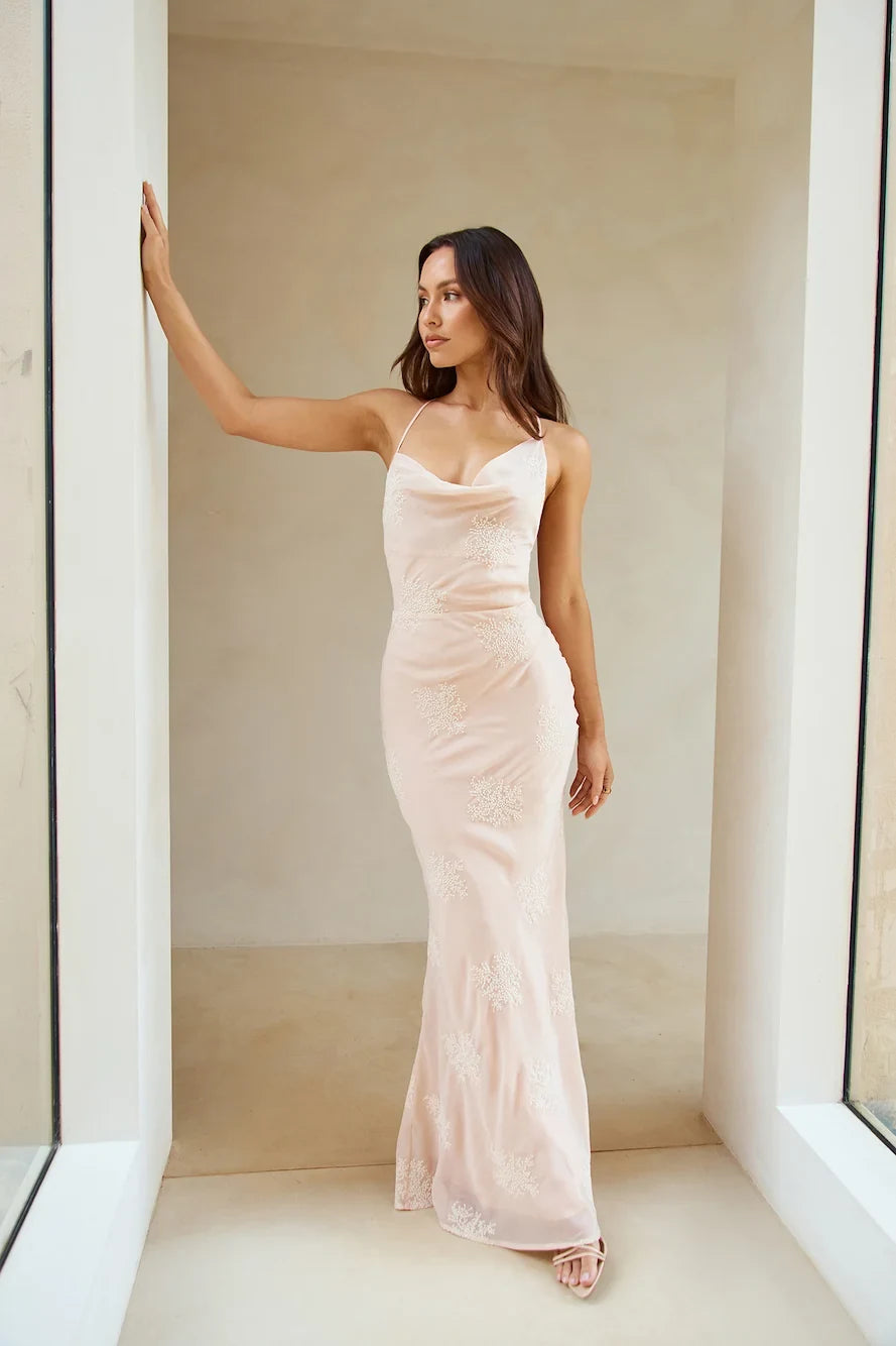 Elegant Sheath Cowl Neck Sleeveless Backless Embroidered Blush Pink Floor Prom Dress