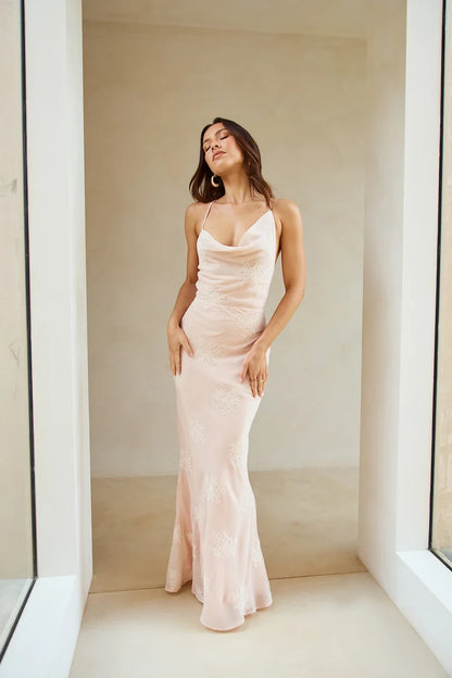 Elegant Sheath Cowl Neck Sleeveless Backless Embroidered Blush Pink Floor Prom Dress