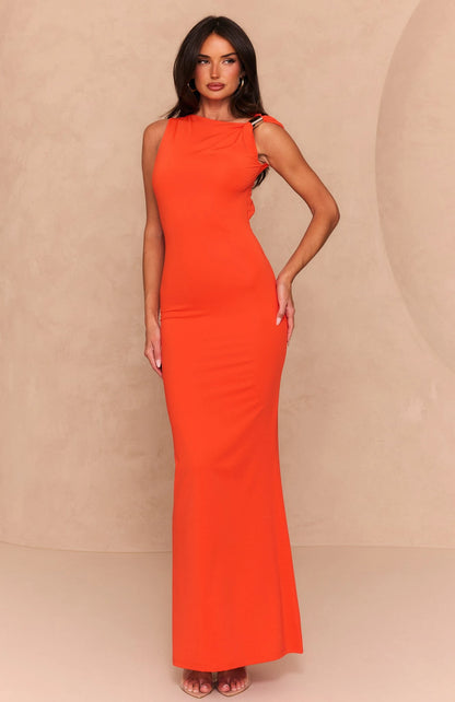 Elegant Sheath Cowl Neck Sleeveless Backless Orange Floor-Length Prom Dress